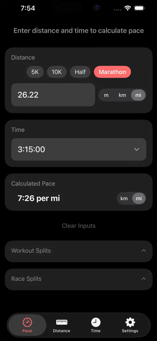 Simple Pace app calculating marathon pace with minutes per mile display