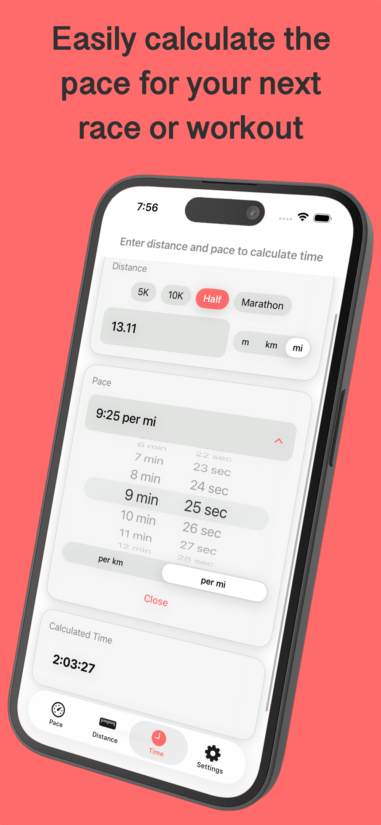 Simple Pace iOS app showing running pace calculator with time, distance, and pace fields