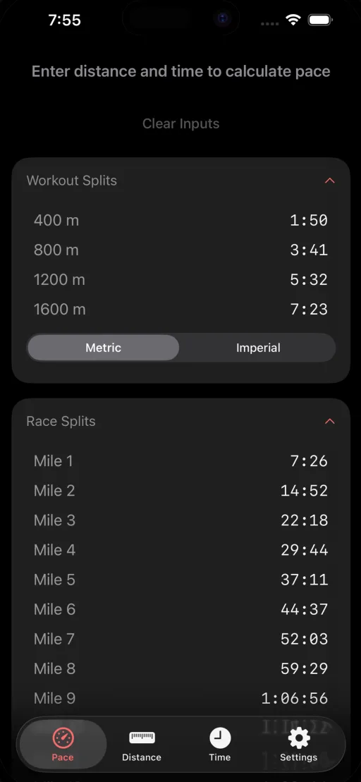 Simple Pace race splits screen showing mile-by-mile breakdown for a half marathon